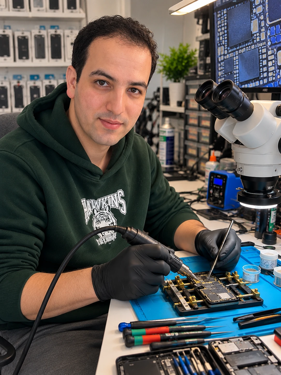 Techniker von Express Handy Reparatur bei einer Mainboard-Reparatur in Stuttgart